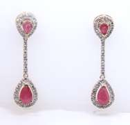 Stunning Yellow Gold Pear Ruby & Diamond Halo Dangle Earrings