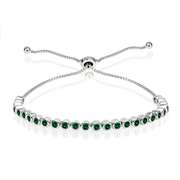 Sterling Silver Created Emerald 2mm Round Bezel-set Adjustable Dainty Tennis Bracelet