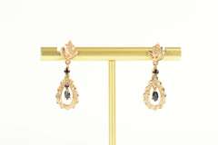 14K Yellow Gold Pearl Sapphire Diamond Halo Dangle Statement Earrings
