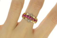 10K Yellow Gold Retro Syn. Ruby Diamond Floral Petal Band Ring
