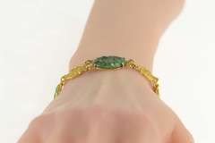 24K Yellow Gold Ornate Carved Chinese Jade Flower Bracelet
