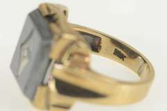10K Yellow Gold 1930's Hematite Diamond Accent Ornate Ring