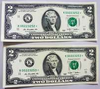 (2) Crisp Exceptional Consecutive 2009 Dallas $2 Star Replacement Notes!