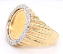 Yellow Gold Diamond Coin Ring with a Ridged Tapered Shank