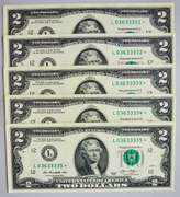 (5) Crisp Exceptional 2013 $2 Star Replacement Notes San Francisco-Consecutive!
