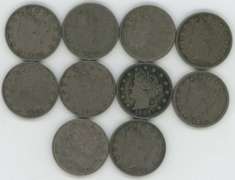 10 First Year 1883 No Cents Liberty 'V' Nickels. Sharp XF45