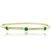 Gold Tone Created Green Quartz Round Corrugated Bangle