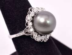 Spectacular Floral Tahitian Pearl and Approx. 0.41CTW Diamond Ring in 18K White Gold