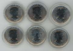 6 Gem BU 2011 Canada 1oz pure .9999 Silver Maple Leafs. Capsules