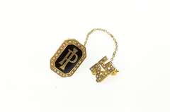 14K Yellow Gold PI Black Enamel Seed Pearl 25 Years Lapel Pin/Brooch