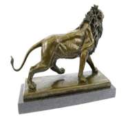 African Lion Bronze Sculpture on Marble Base Figure