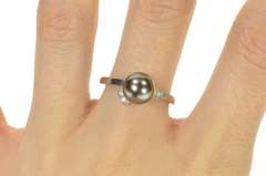 14K White Gold Art Deco Diamond Black Pearl Inset Bypass Ring