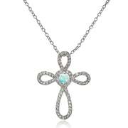 Sterling Silver Created White Opal & White Topaz Heart Infinity Cross Necklace
