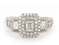 Eyecatching White Gold Emerald Cut Diamond Three Stone Double Frame Engagement Ring