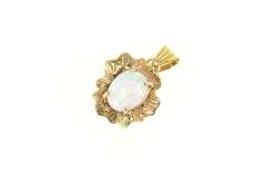 14K Yellow Gold Retro Floral Textured Oval Syn. Opal Statement Pendant