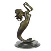 Mermaid Bronze Statue on Marble Base Sculpture
