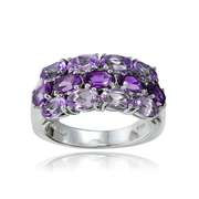 Sterling Silver African Amethyst and Amethyst 3-Row Ring