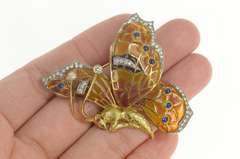 18K Yellow Gold 1.40 Ctw Diamond Sapphire Enamel Butterfly Pin/Brooch