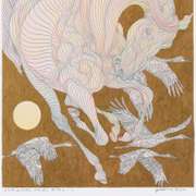 Guillaume Azoulay, "Etude Quatre Grues" Framed Original Hand Colored Drawing with Hand Laid Gold Leaf, Hand Signed with Letter of Authenticity