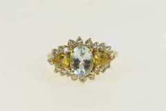 14K Yellow Gold Oval Blue Topaz Citrine CZ Halo Statement Ring