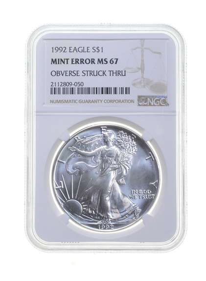 MS67 MINT ERROR 1992 American Silver Eagle - OBV Struck Thru - NGC