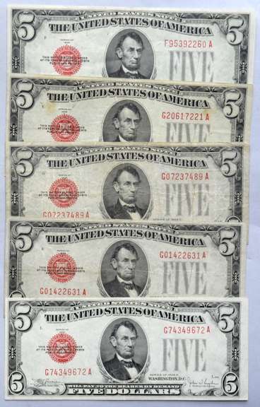 1928 C & E $5 Red Seal US Notes