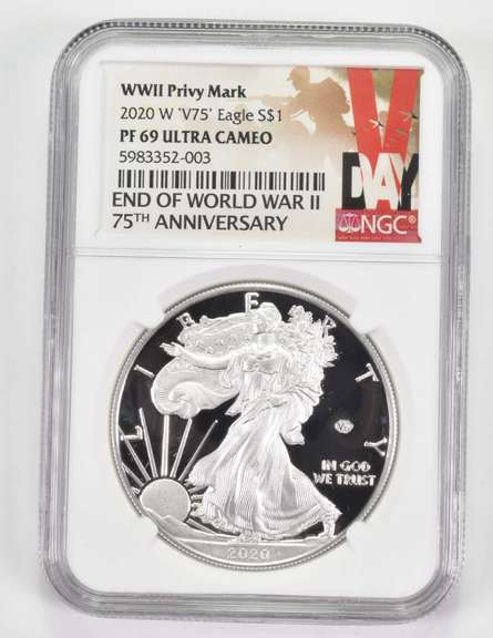 PF69 UCAM 2020-W American Silver Eagle V75 Privy Mark End Of WWII NGC