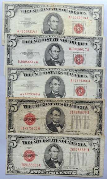 5 Clean $5 Red Seal US Notes
