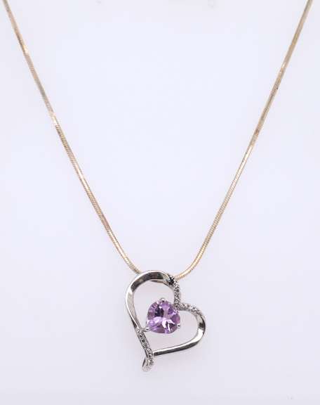 Vintage Italian Sterling Silver Amethyst Heart Shaped Pendant on Chain