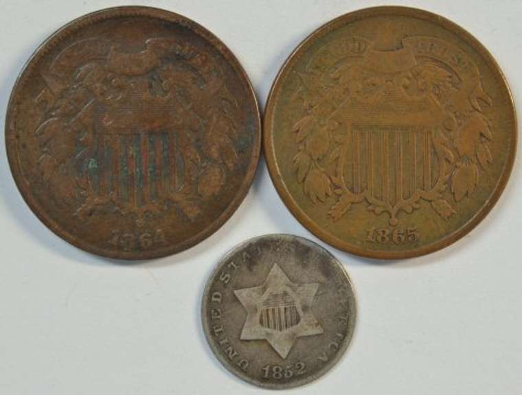 1864 & 1865 Two Cent Pieces & 1852 Three Cent Silver Piece