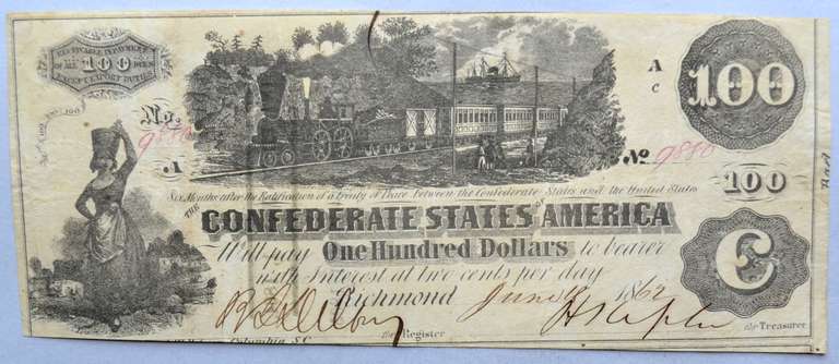 $100 CSA June 25 1862 Straight Steam Note