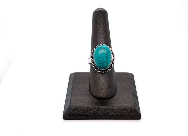 Oval Tibetan Turquoise in Ornate Silver Energy Ring