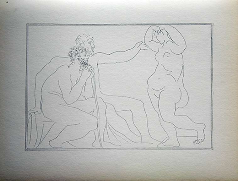 PABLO PICASSO, TWO SCULPTORS BEFORE A STATUE