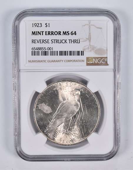 Mint Error MS64 1923 Peace Silver Dollar REV Struck Thru NGC