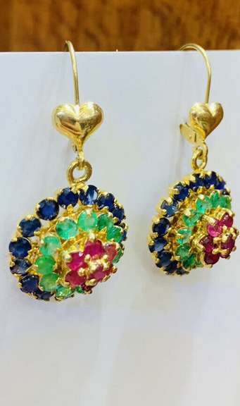 14kt Solid Yellow Gold, Emerald, Ruby, & Blue Sapphire Earrings