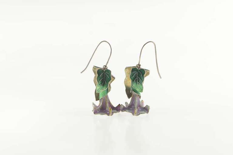 Sterling Silver Purple Blue Bell Enamel Flower Dangle Earrings