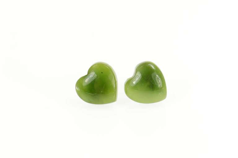 Gold Filled Carved Nephrite Heart Cabochon Stud Earrings