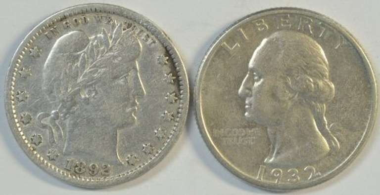 1892-P Barber Quarter in XF & 1932 Washington Quarter in AU