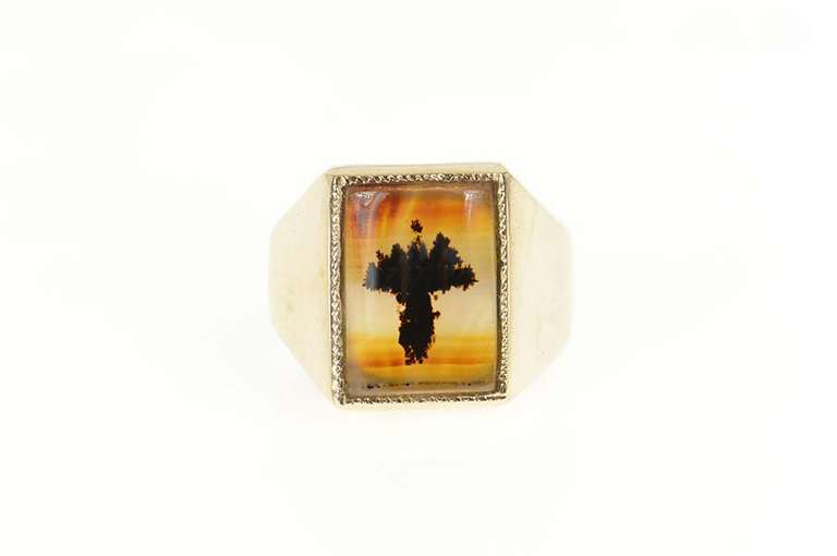 10K Yellow Gold Men's Squared Dendritic Agate Baobab Tree Ring