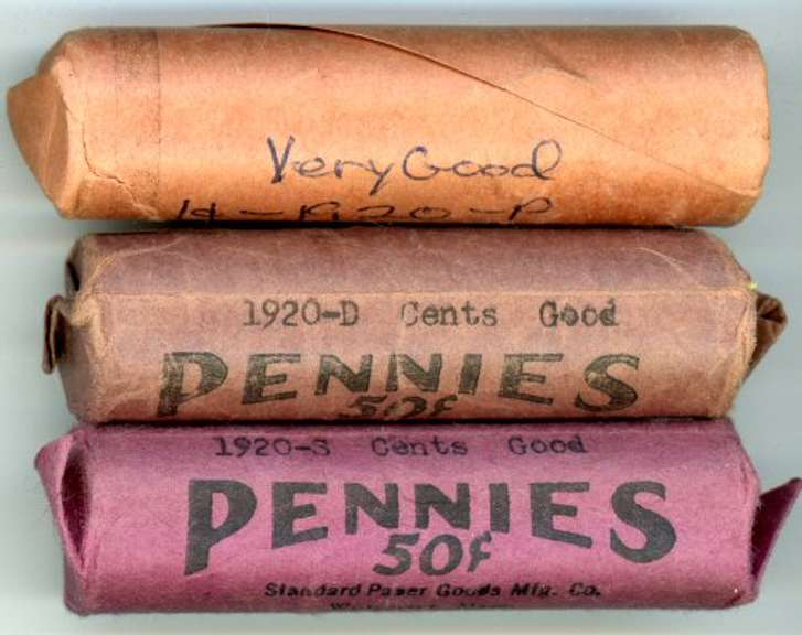 3 Rolls of 1920 Lincoln Wheat Cents: P, D, and S