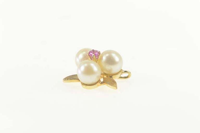 14K Yellow Gold Retro Pearl Syn. Ruby Flower Cluster Pendant