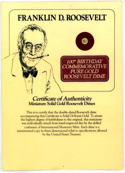 Roosevelt 100th Birthday Gold Commem w/CoA