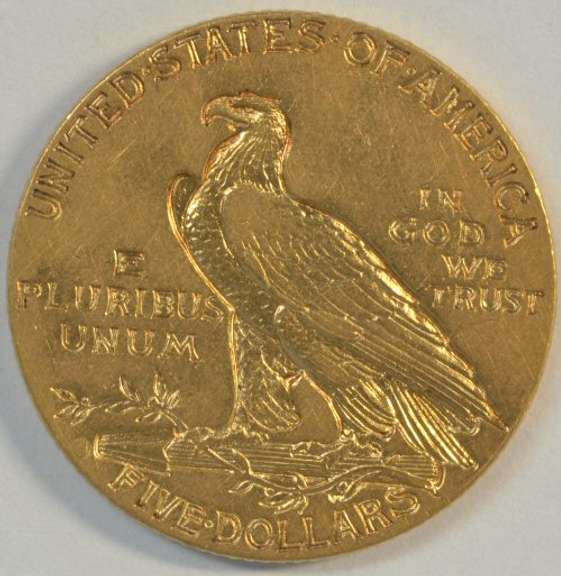 Rare key date 1911-S US $5 Indian Gold Piece in Choice AU.
