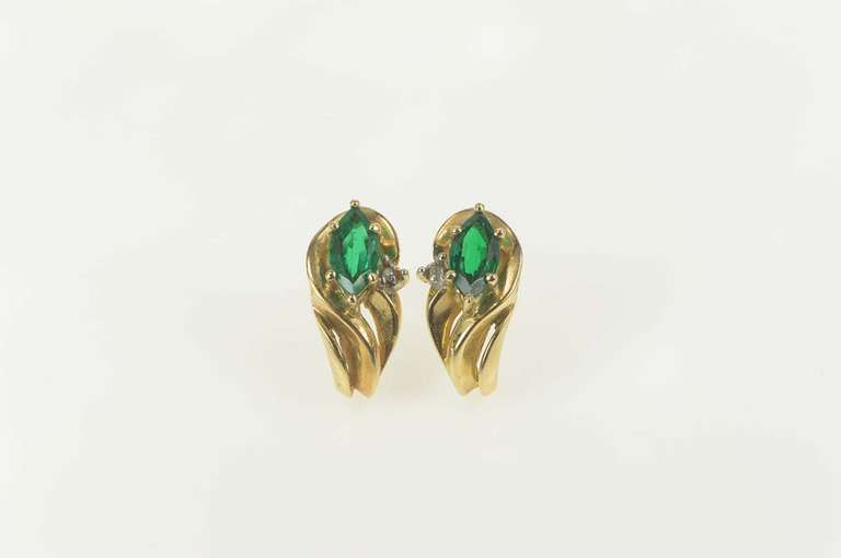 10K Yellow Gold Marquise Syn. Emerald Diamond Accent Earrings