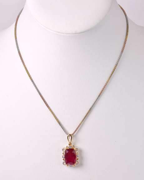 Radiant 10.63CTS Ruby and 0.19CTW Diamond Pendant Necklace in Gold Plated Sterling Silver