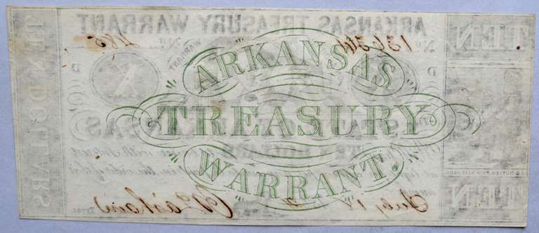 Choice Uncirculated July 18 1862 $10 Arkansas Treasury Warrant