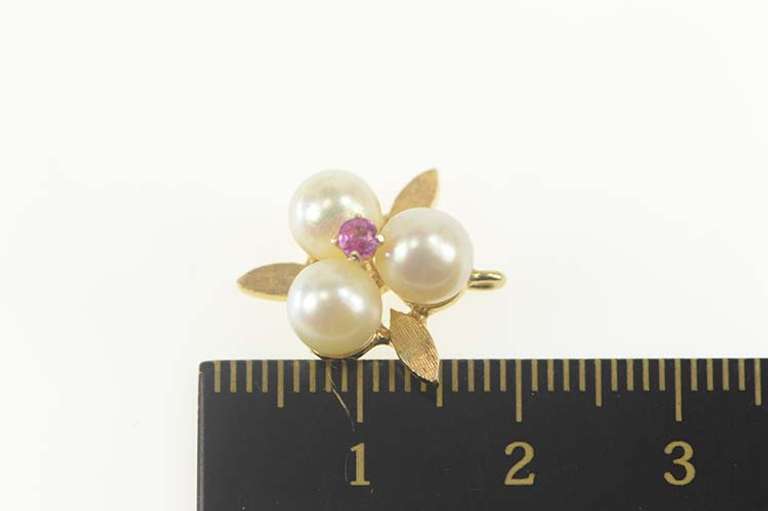 14K Yellow Gold Retro Pearl Syn. Ruby Flower Cluster Pendant