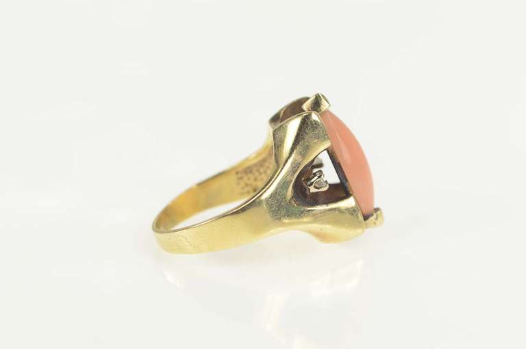 14K Yellow Gold 1960's Marquise Pink Coral Diamond Accent Ring