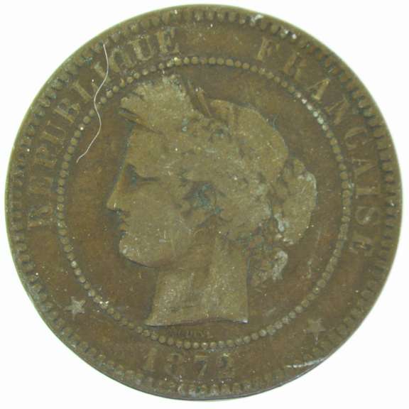 1872-K Republique Francaise 10 Cenntimes Liberte Egalite Fraternite Coin