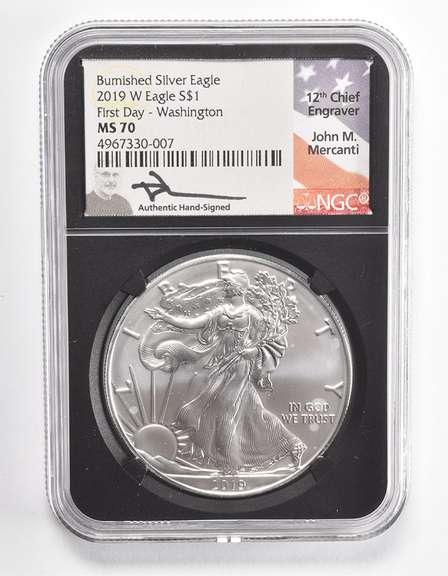 MS70 2019-W American Burnished Silver Eagle FD Washington Signed NGC